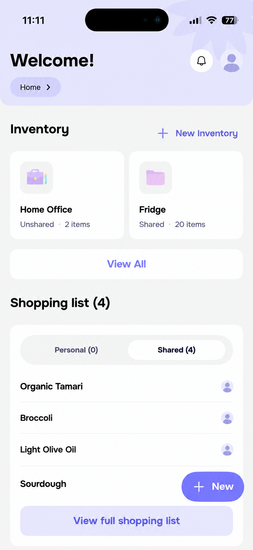 Actual CabinKeep app home screen showing inventories and a shared shopping list